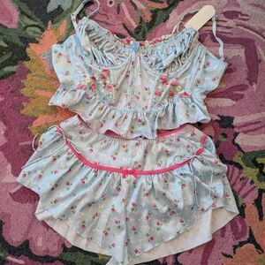 Floral Embroidered Intimates Set - Blue and Pink